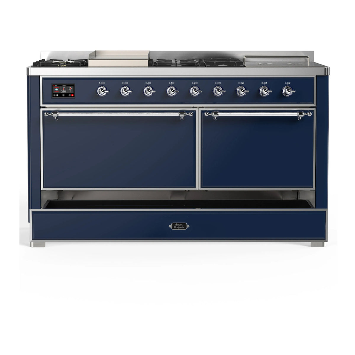 Midnight blue dual fuel range with two closed oven doors and chrome trim