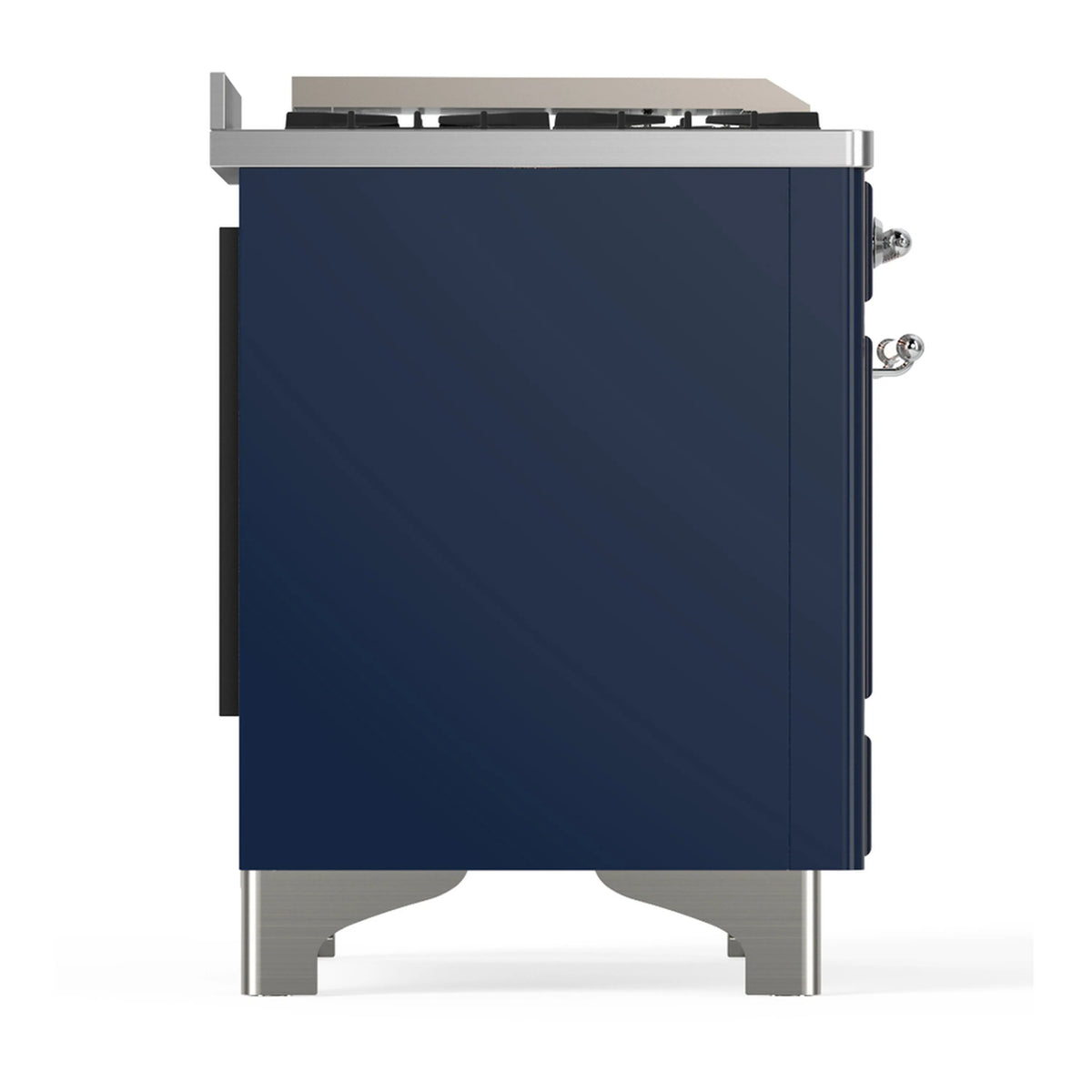 Midnight blue dual fuel range side view with chrome accents and rear fittings