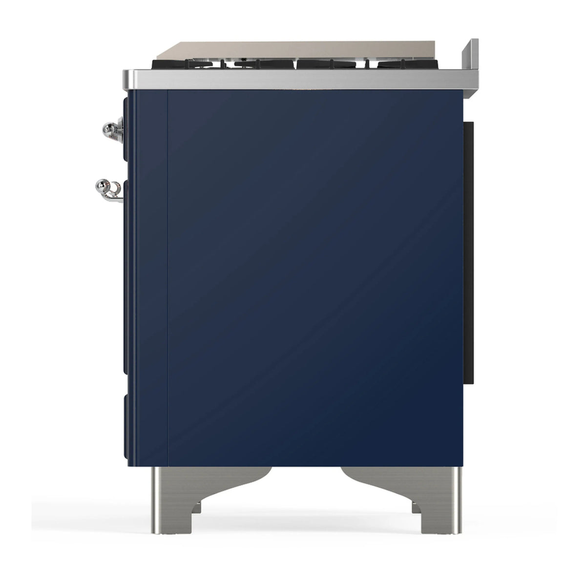Midnight blue dual fuel range front-side view with chrome trim and rear controls