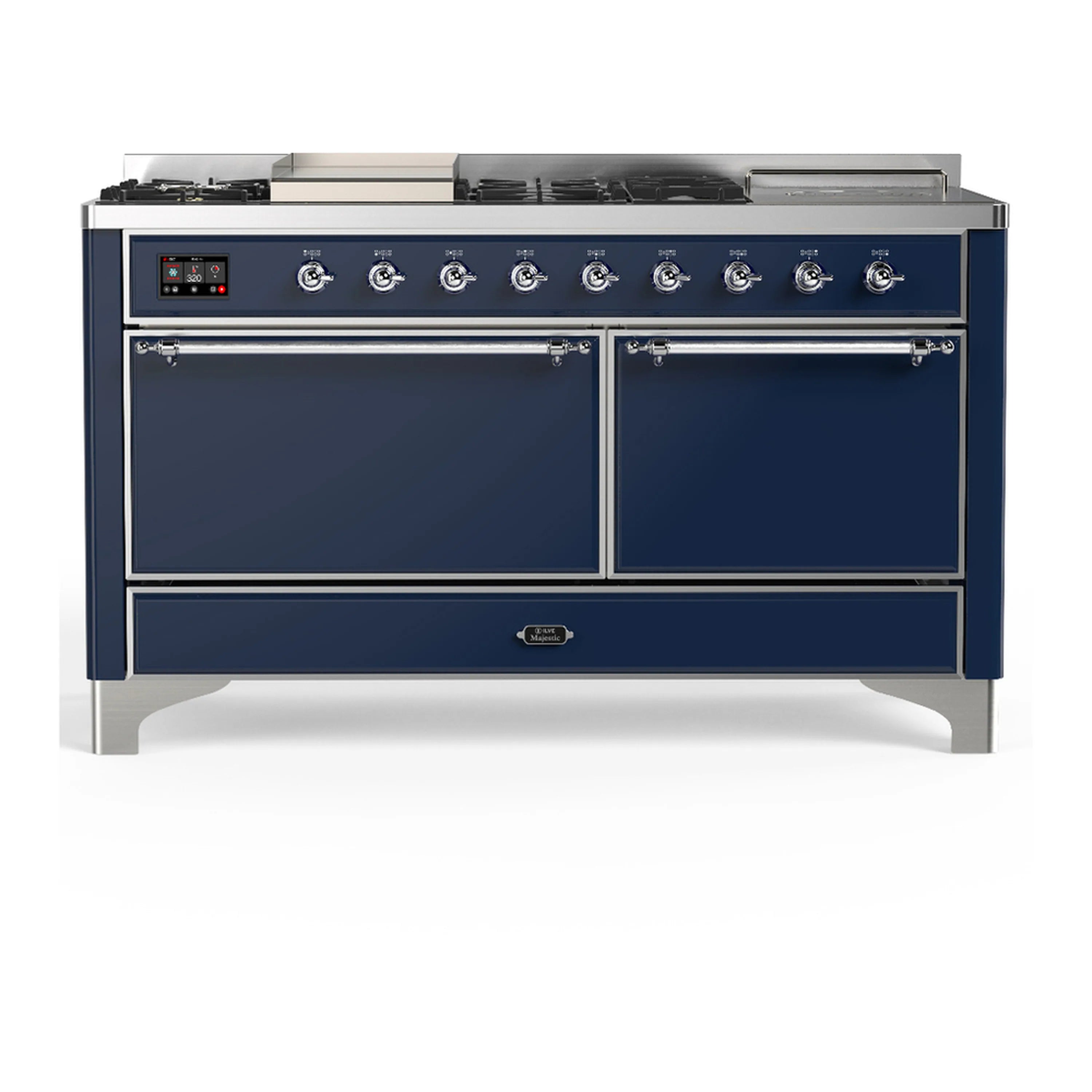 Midnight blue dual fuel range with chrome trim, dual oven doors, and front control knobs