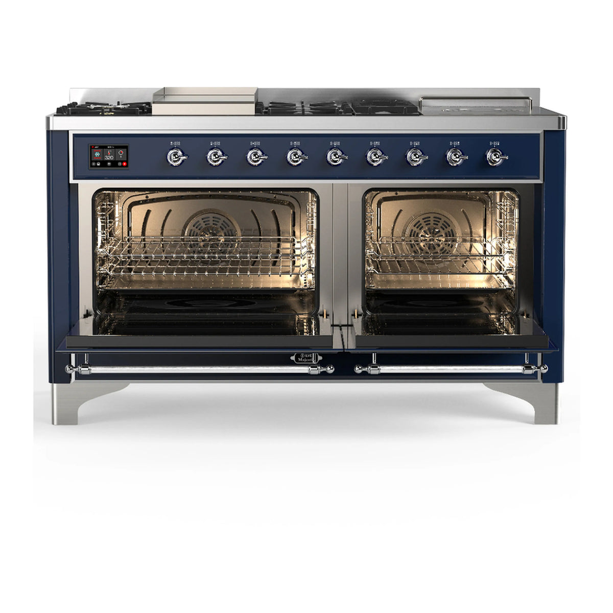 Midnight blue dual fuel range with both oven doors open, showing racks inside