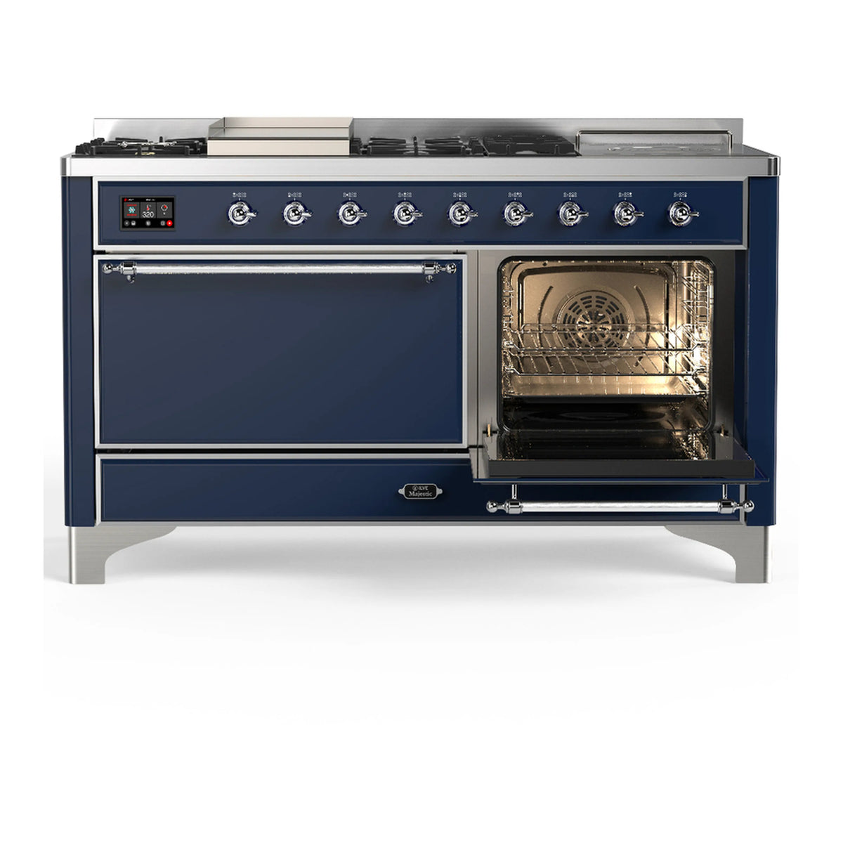 Midnight blue dual fuel range with right oven door open and left solid oven door closed