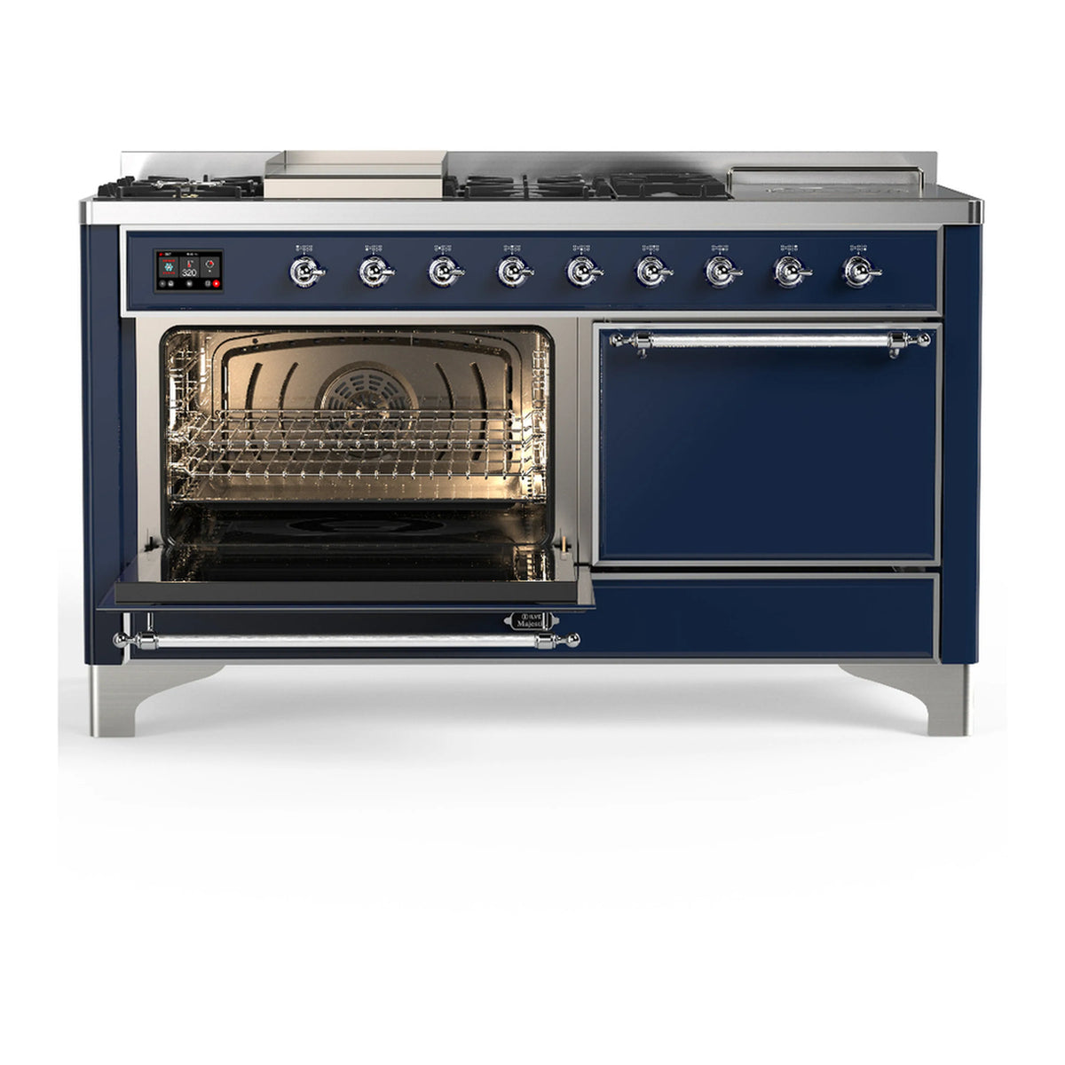 Midnight blue dual fuel range with left oven door open, showing oven racks