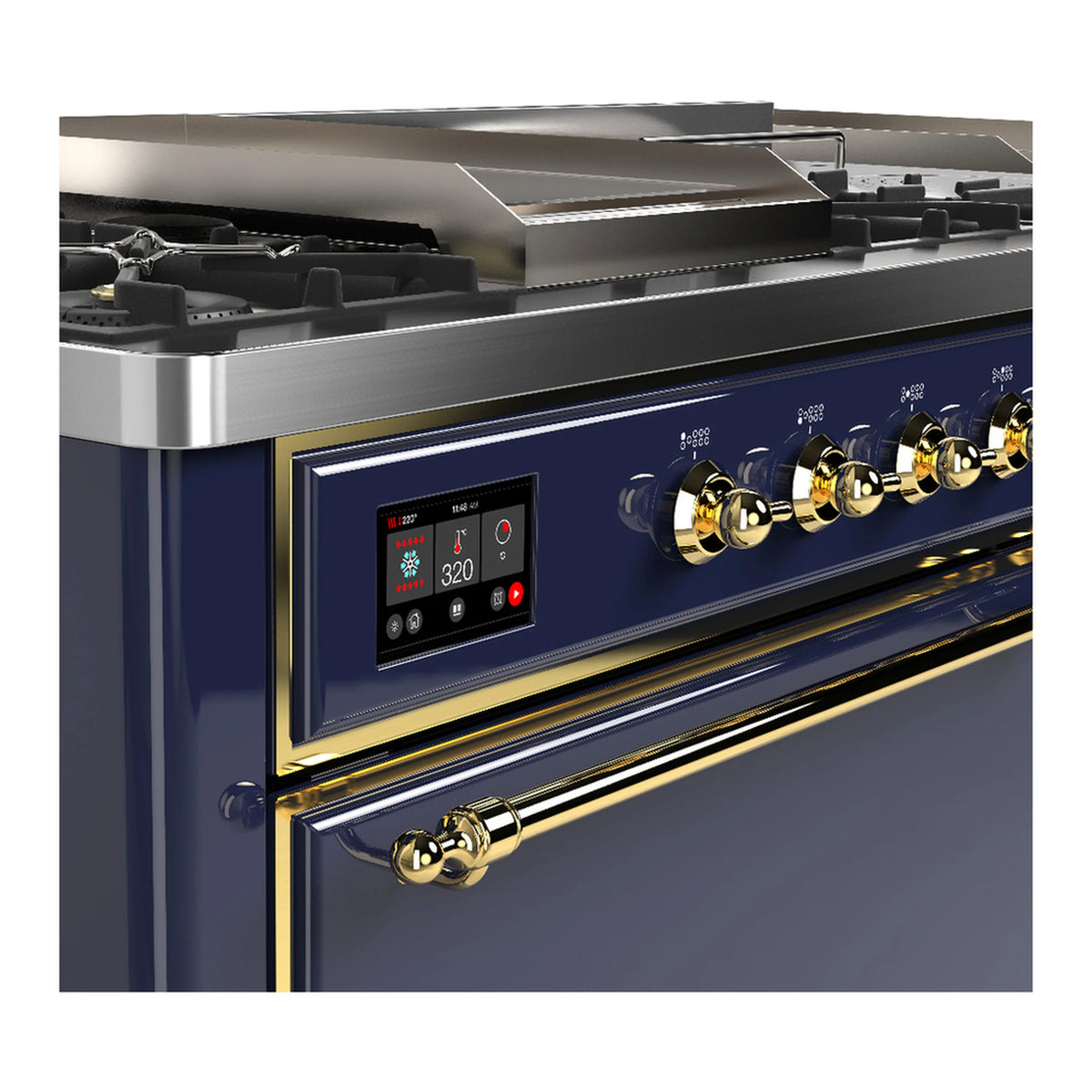 Blue grey dual fuel range control area with brass knobs and digital display