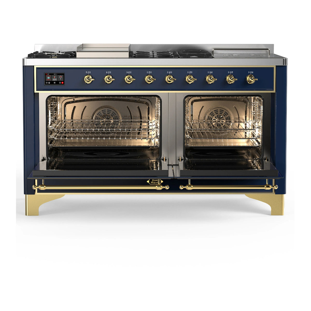 Blue grey dual fuel range with both oven doors open showing racks and fan vents