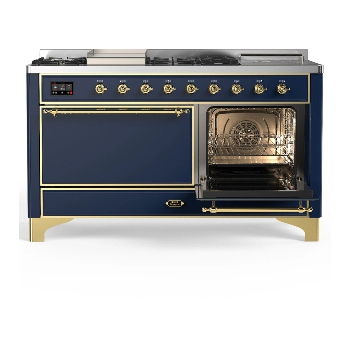Blue grey dual fuel range with brass-trim control knobs and closed electric oven door