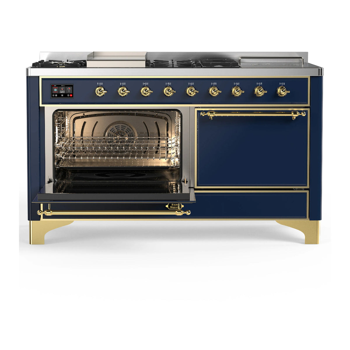 Blue grey dual fuel range with open oven door showing oven rack and interior fan