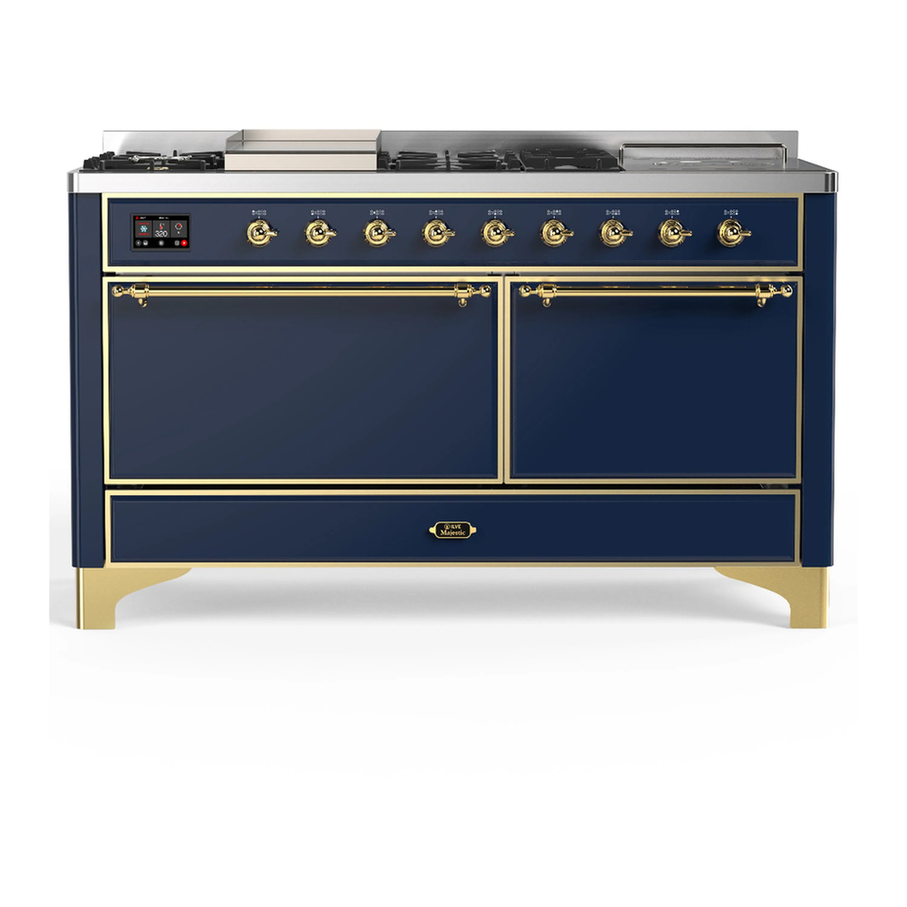 Blue-grey dual fuel range with brass trim; two oven doors and control panel on front