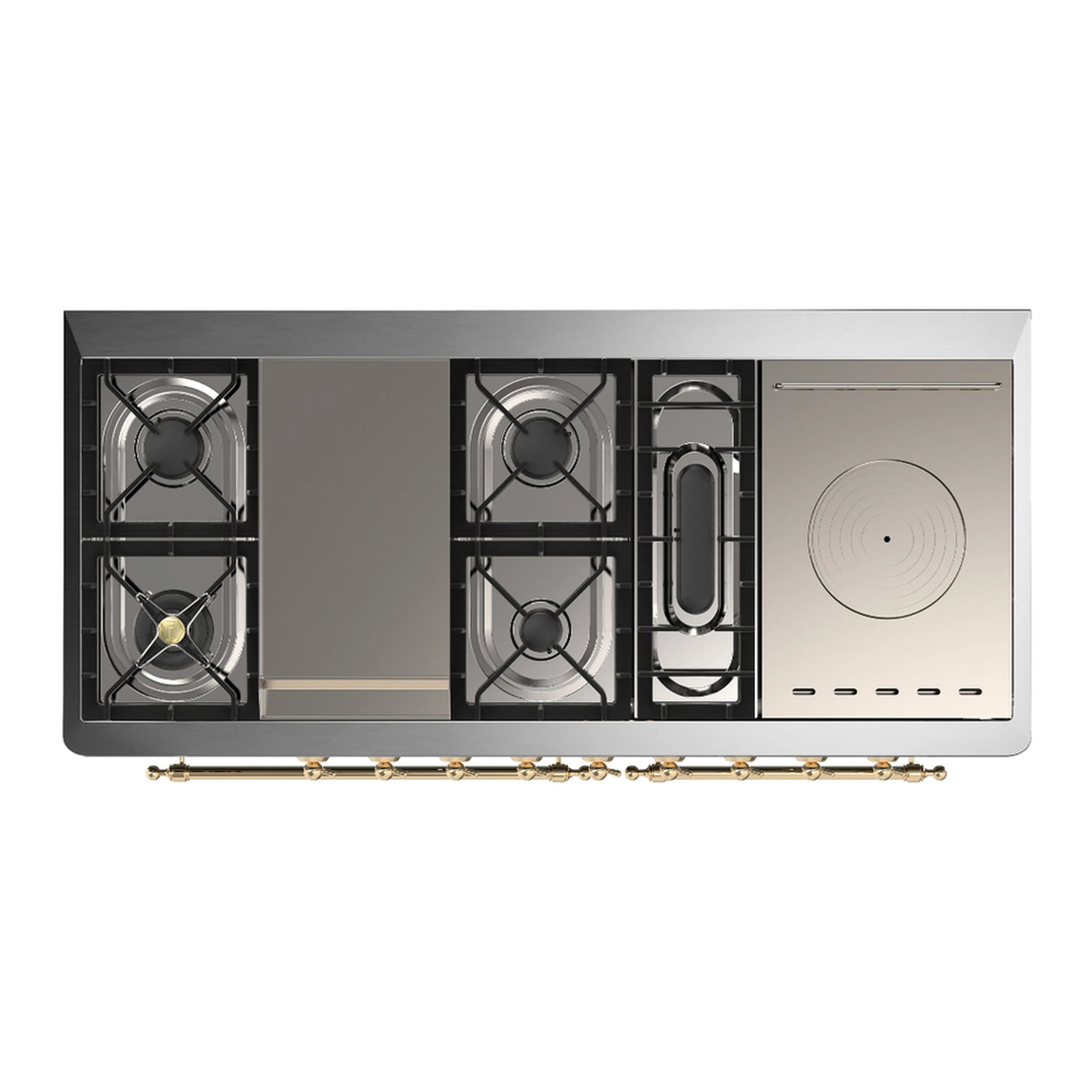 Dual fuel range cooktop underside: gas grates, bridge port, and electric hot plate