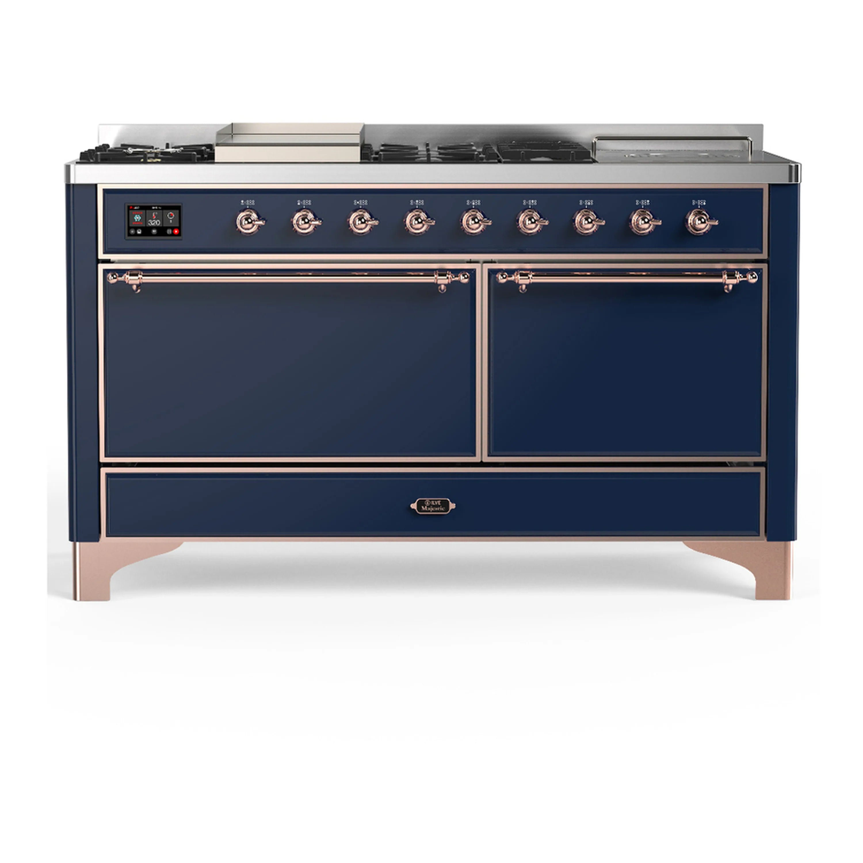 Midnight blue dual fuel range with copper trim, front control knobs and two oven doors