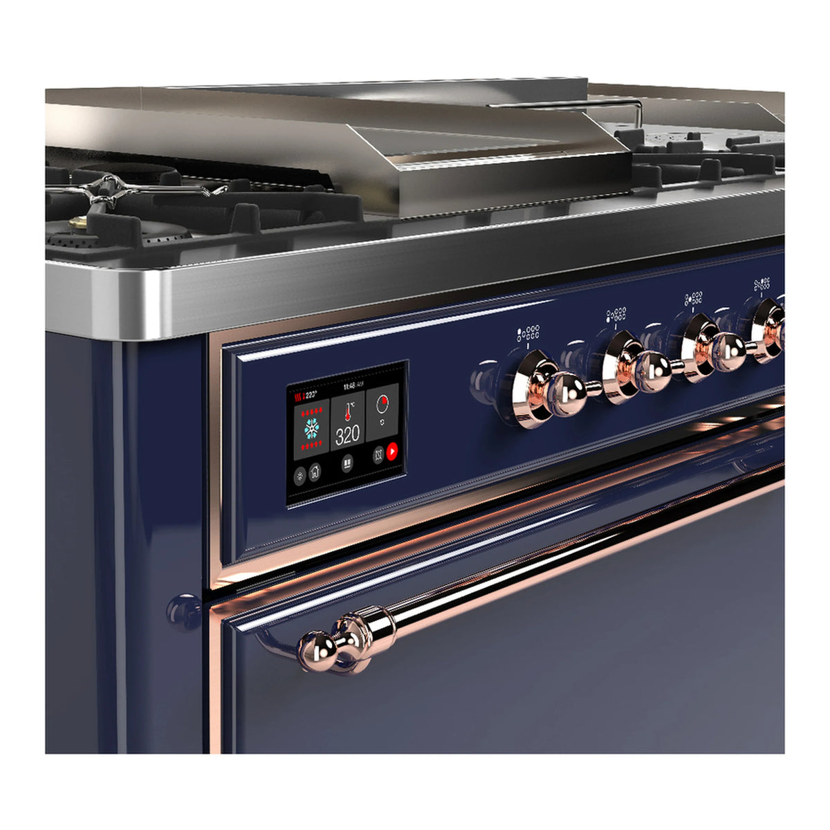 Midnight blue dual fuel range front panel with copper-trimmed knobs and digital display