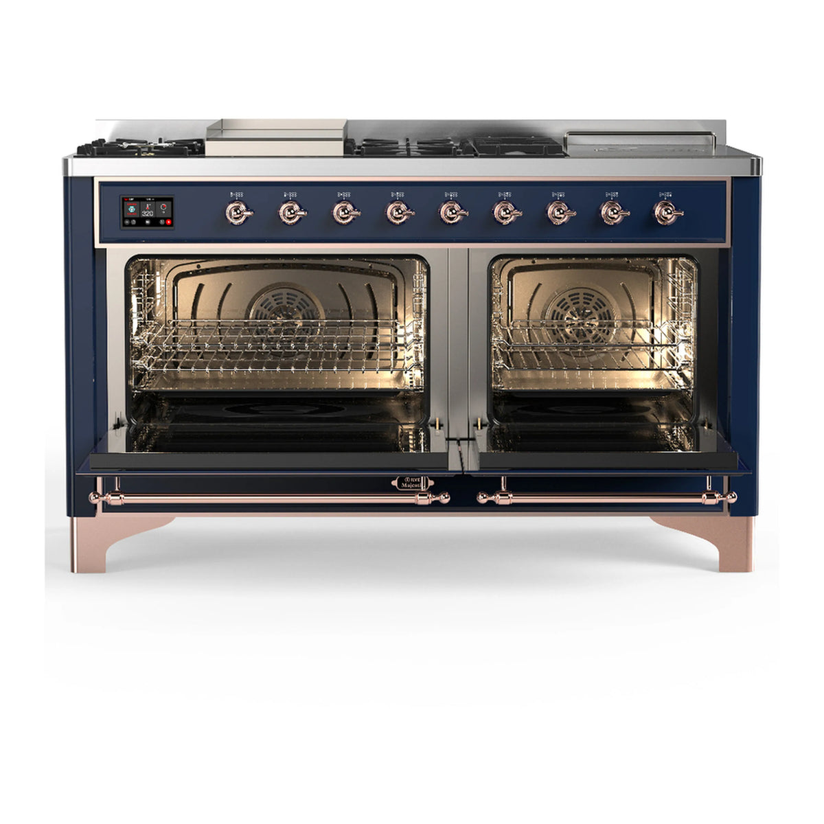 Midnight blue dual fuel range with copper trim, open dual ovens showing racks and bake cavity