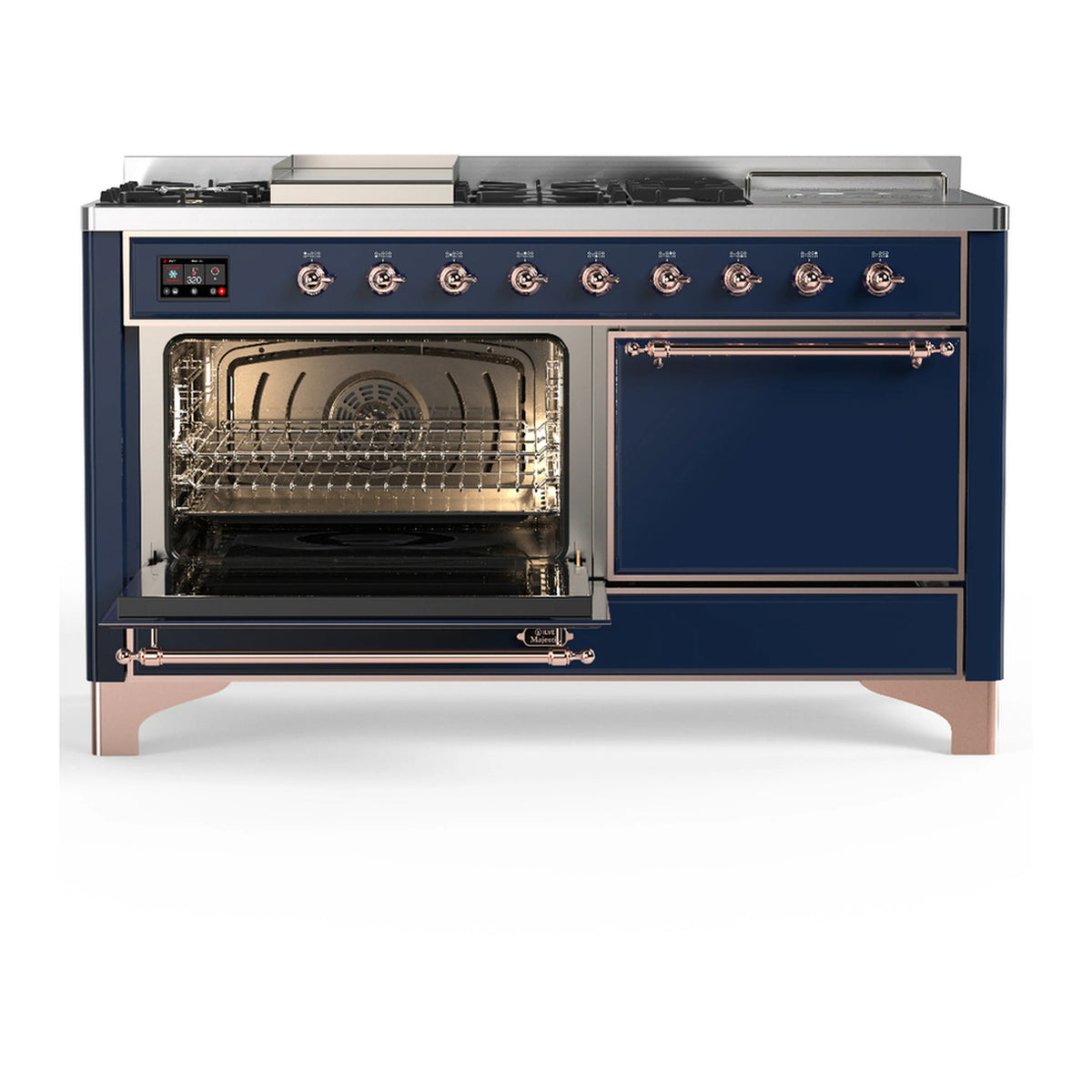 Midnight blue dual fuel range with copper trim, open ovens and visible oven racks