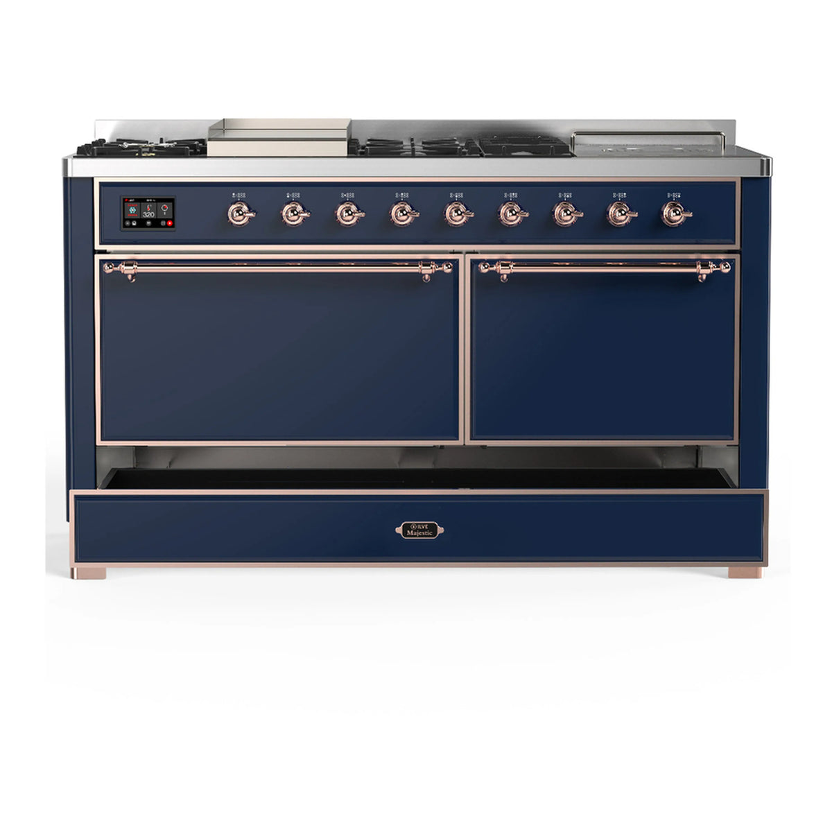 Midnight blue dual fuel range with copper trim, two oven doors and lower warming drawer