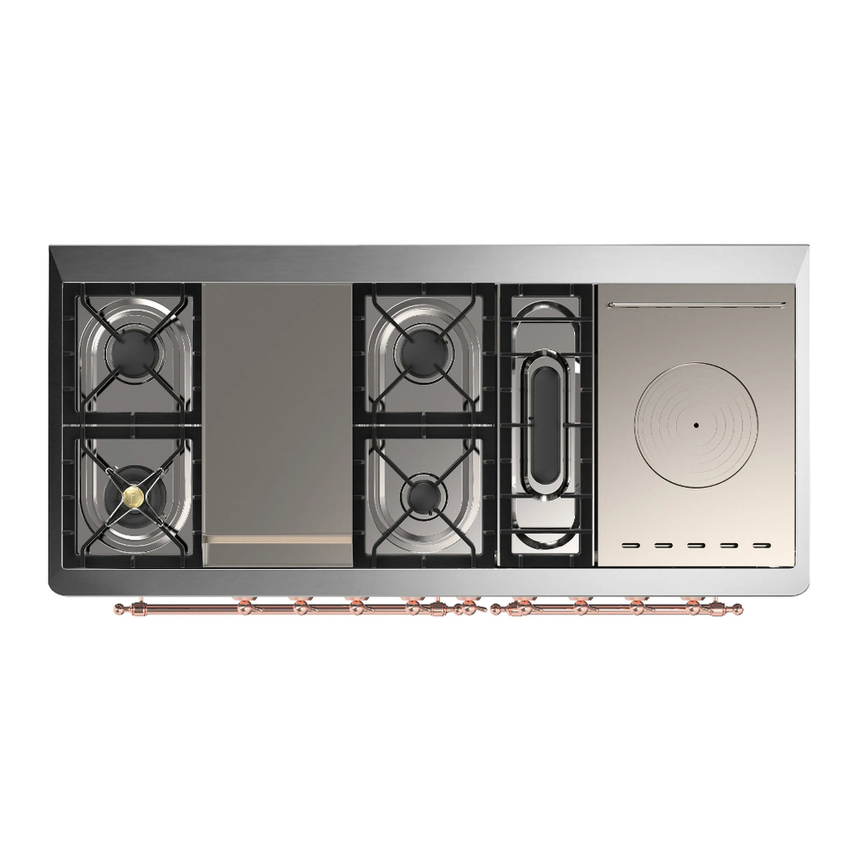 Built-in cooktop section of dual fuel range with burners and control grates in stainless frame