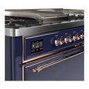 ILVE Majestic III 60-inch Dual Fuel Range with 7 Natural Gas Burner, Griddle, French Top and Solid Door Electric Oven in Midnight Blue with Copper Trim (UM60FSQNR3MBP)