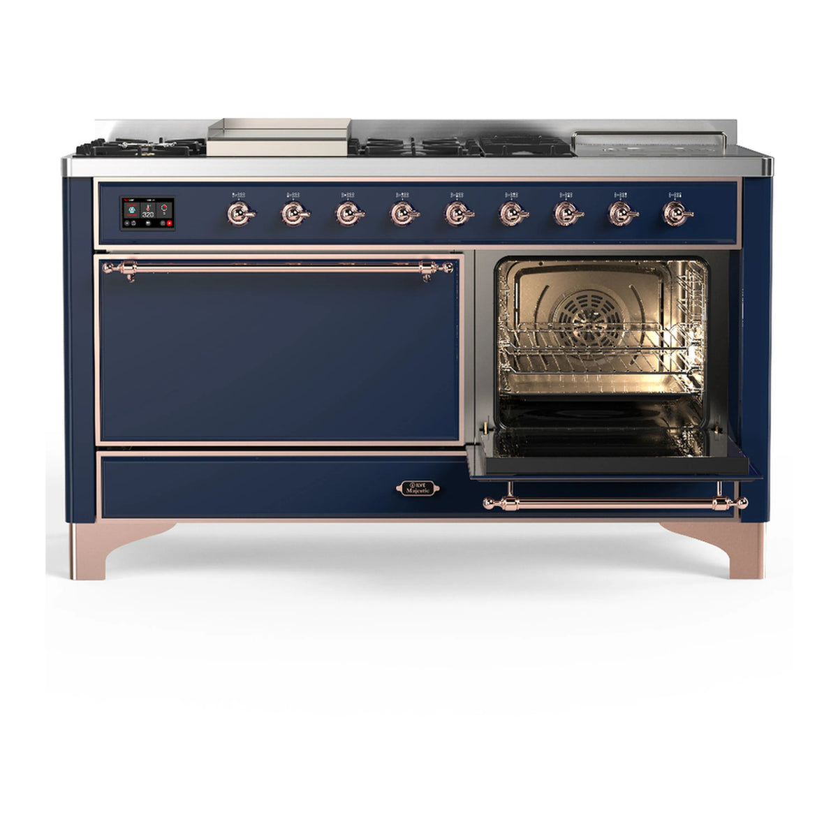 Midnight blue dual fuel range with left door closed and right oven door open