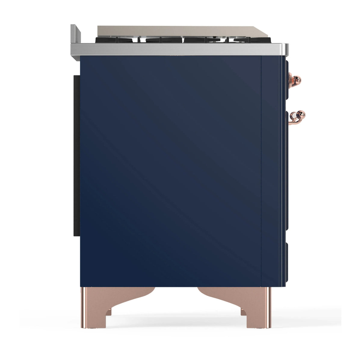 Midnight blue dual fuel range side panel with copper pipe fittings