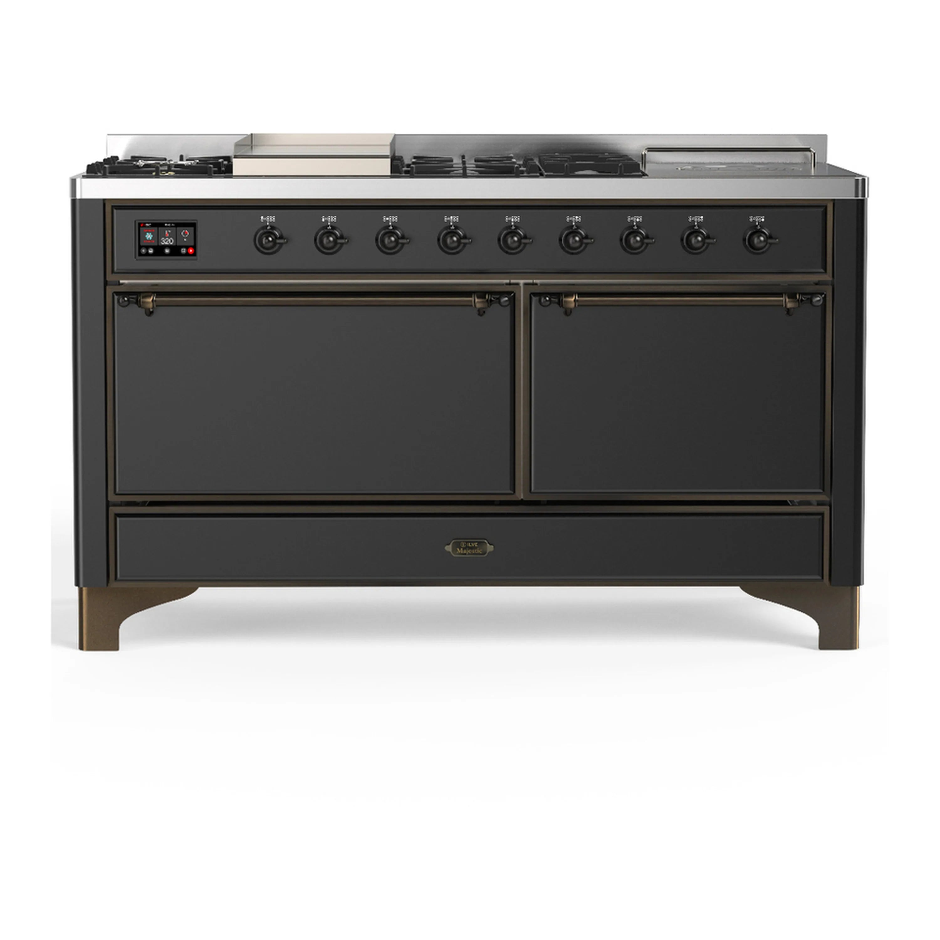 Graphite dual fuel range front view with two closed oven doors and control panel