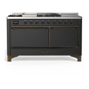 ILVE Majestic III 60-inch Dual Fuel Range with 5 Liquid Propane Burner, Griddle, French Top and Solid Door Electric Oven in Graphite Matte with Burnished Trim (UM60FSQNR3MGBLP)