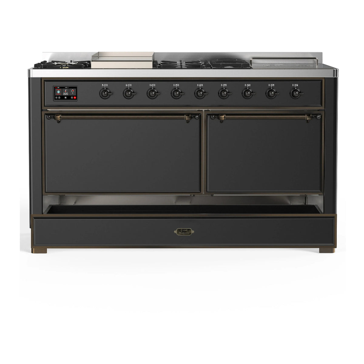 Graphite dual fuel range front view with dual oven doors closed and side trim