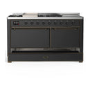 ILVE Majestic III 60-inch Dual Fuel Range with 5 Liquid Propane Burner, Griddle, French Top and Solid Door Electric Oven in Graphite Matte with Burnished Trim (UM60FSQNR3MGBLP)