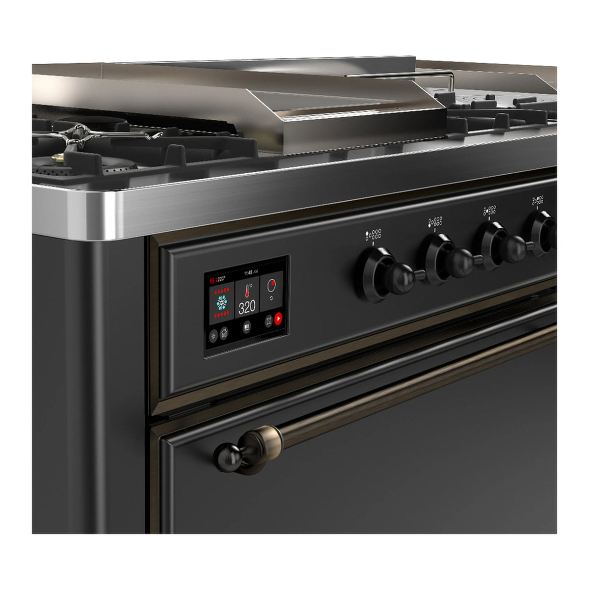 Graphite matte range control panel with digital display and burner/oven knobs