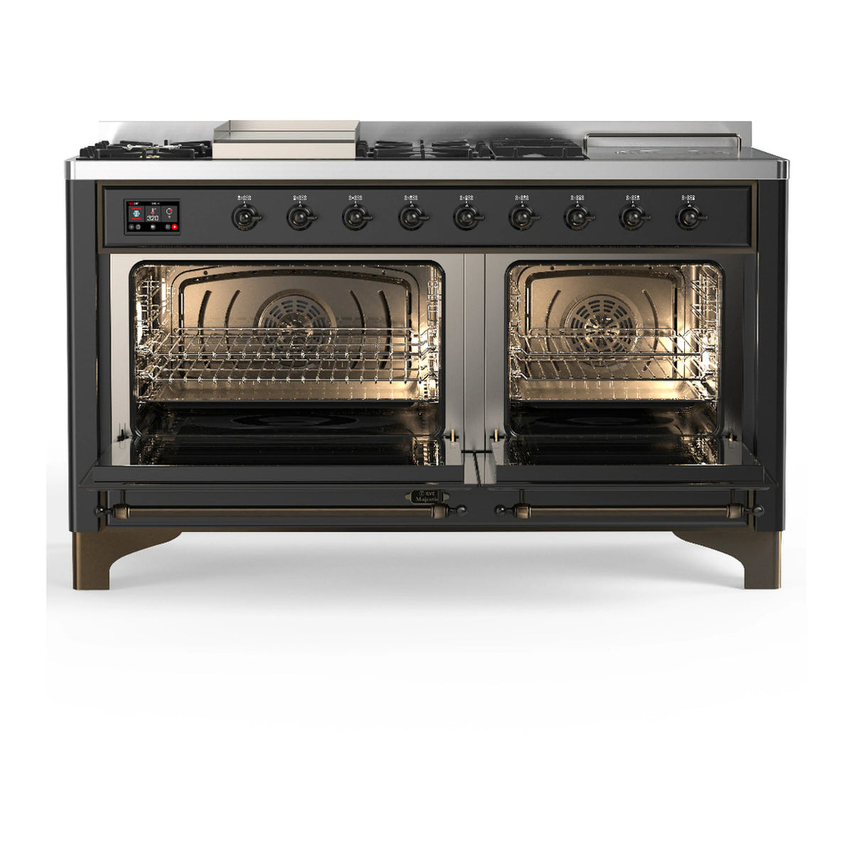 Graphite matte dual fuel range with both ovens open, racks and interior lighting