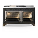 ILVE Majestic III 60-inch Dual Fuel Range with 7 Natural Gas Burner, Griddle, French Top and Solid Door Electric Oven in Graphite Matte with Burnished Trim (UM60FSQNR3MGB)