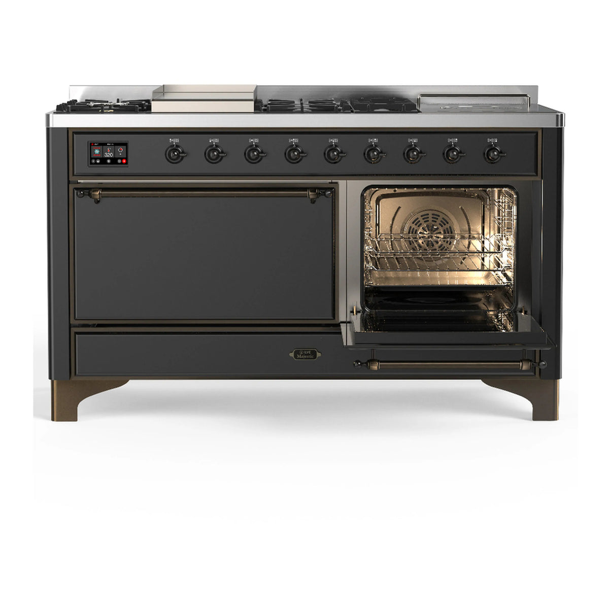 Graphite matte dual fuel range with left door closed and right oven open with racks
