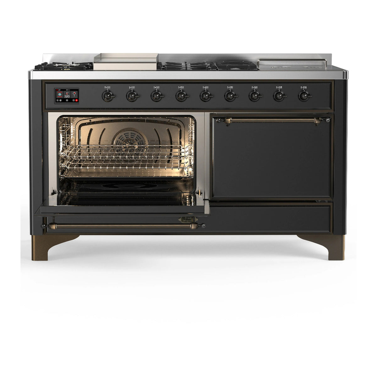 Graphite matte dual fuel range with left oven open and right solid door closed