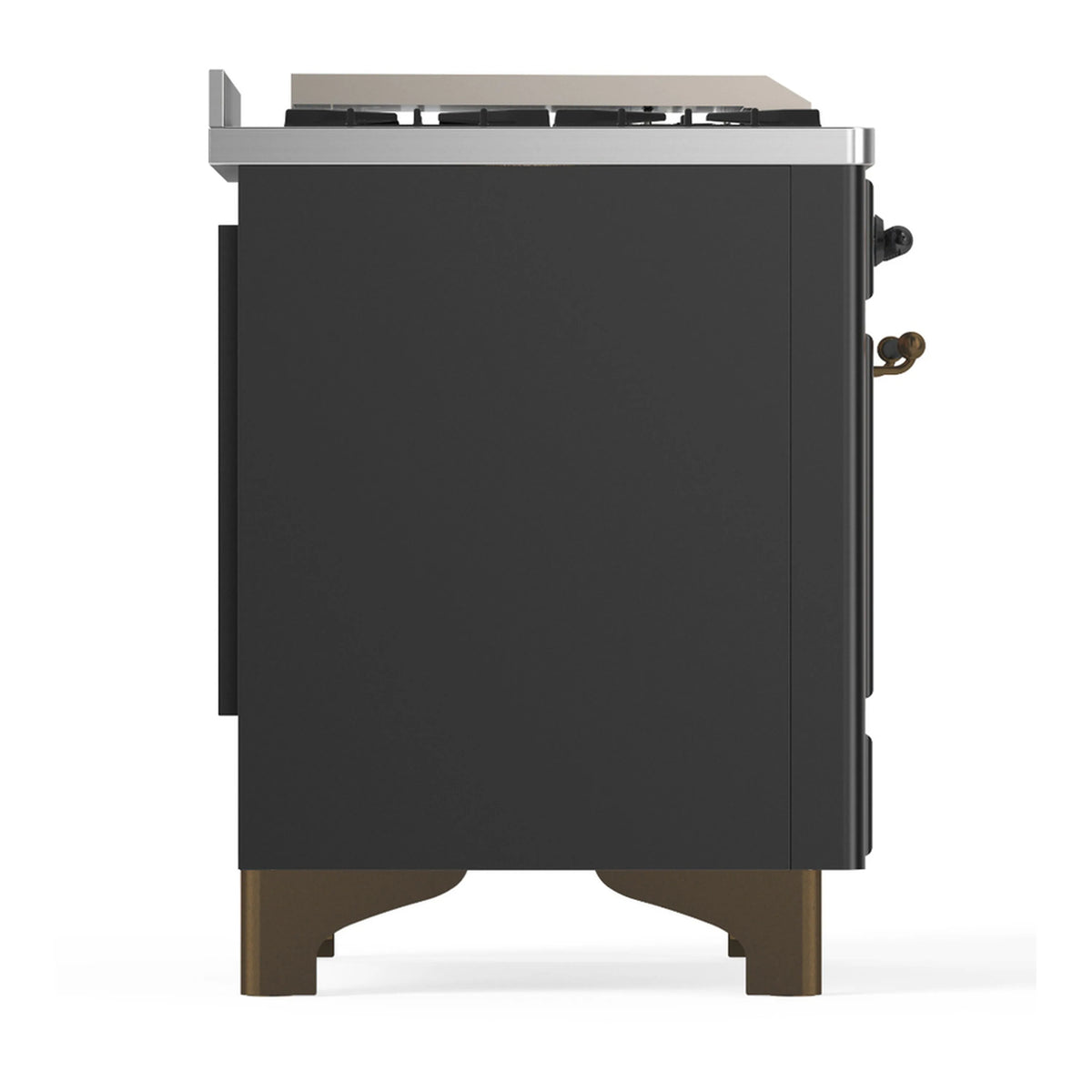 Graphite matte dual fuel range side panel with brass-colored trim and leveling legs