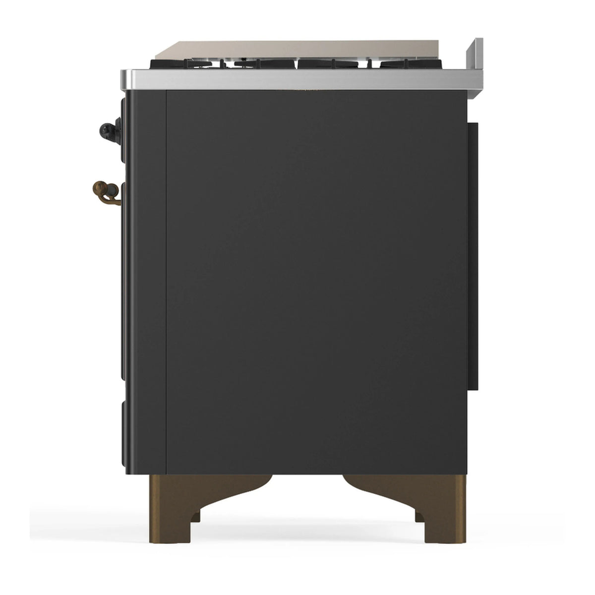 Graphite matte dual fuel range side panel with rear connections and brass-colored feet