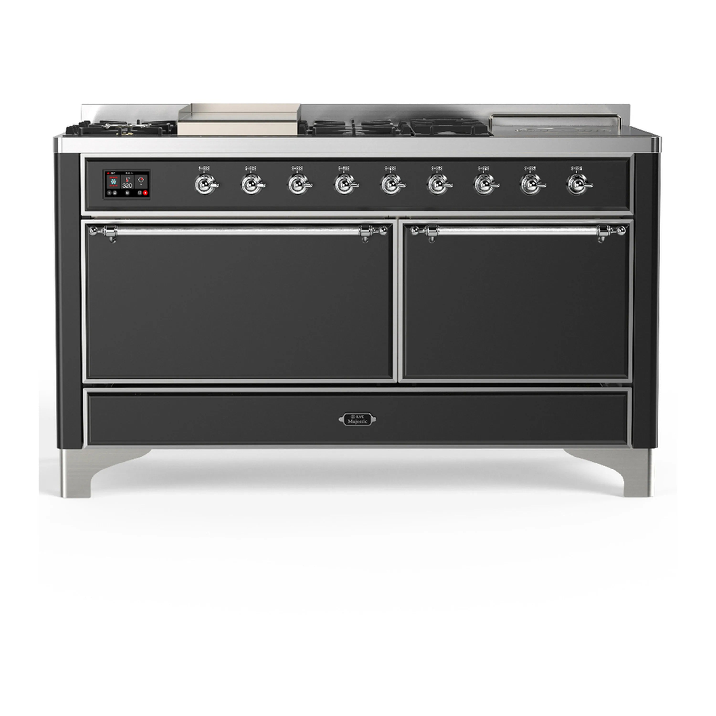 Graphite matte dual fuel range front view with double doors, chrome trim, and control panel.