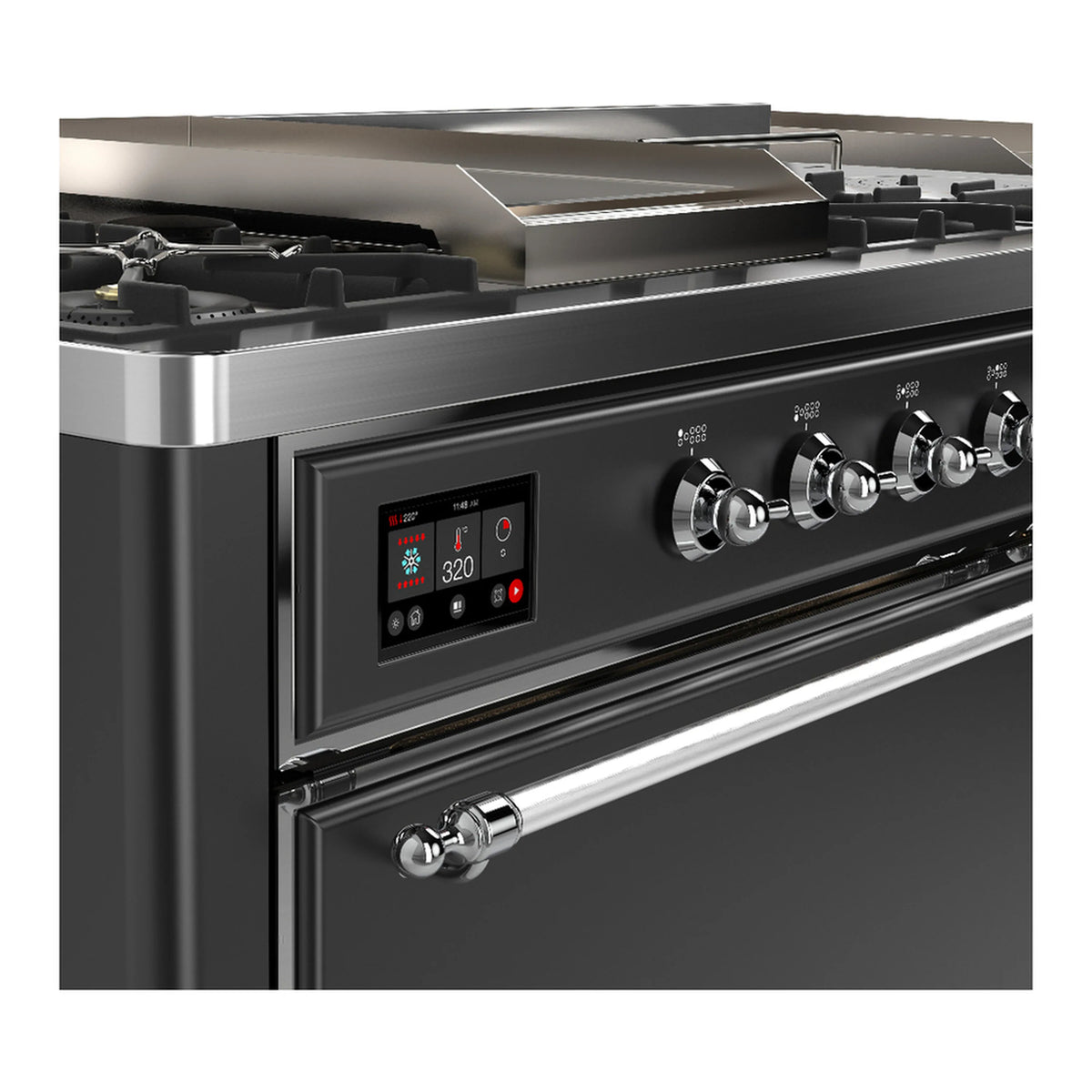 Graphite matte range control panel close-up with knobs and digital display, chrome accents.