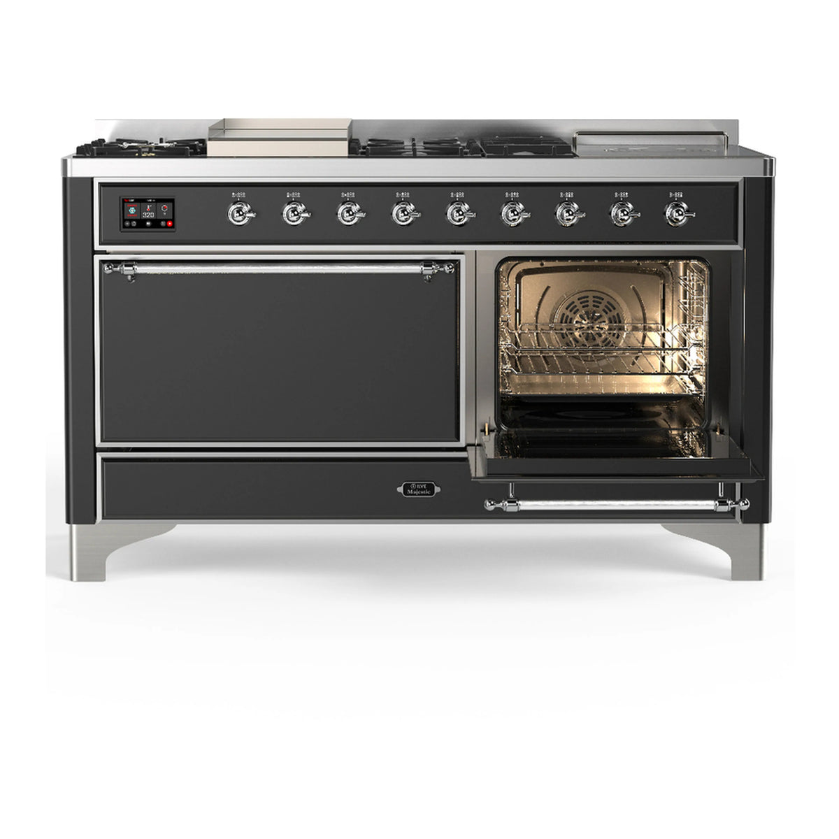 Graphite matte range front with one oven door open, showing inner rack and fan vent.