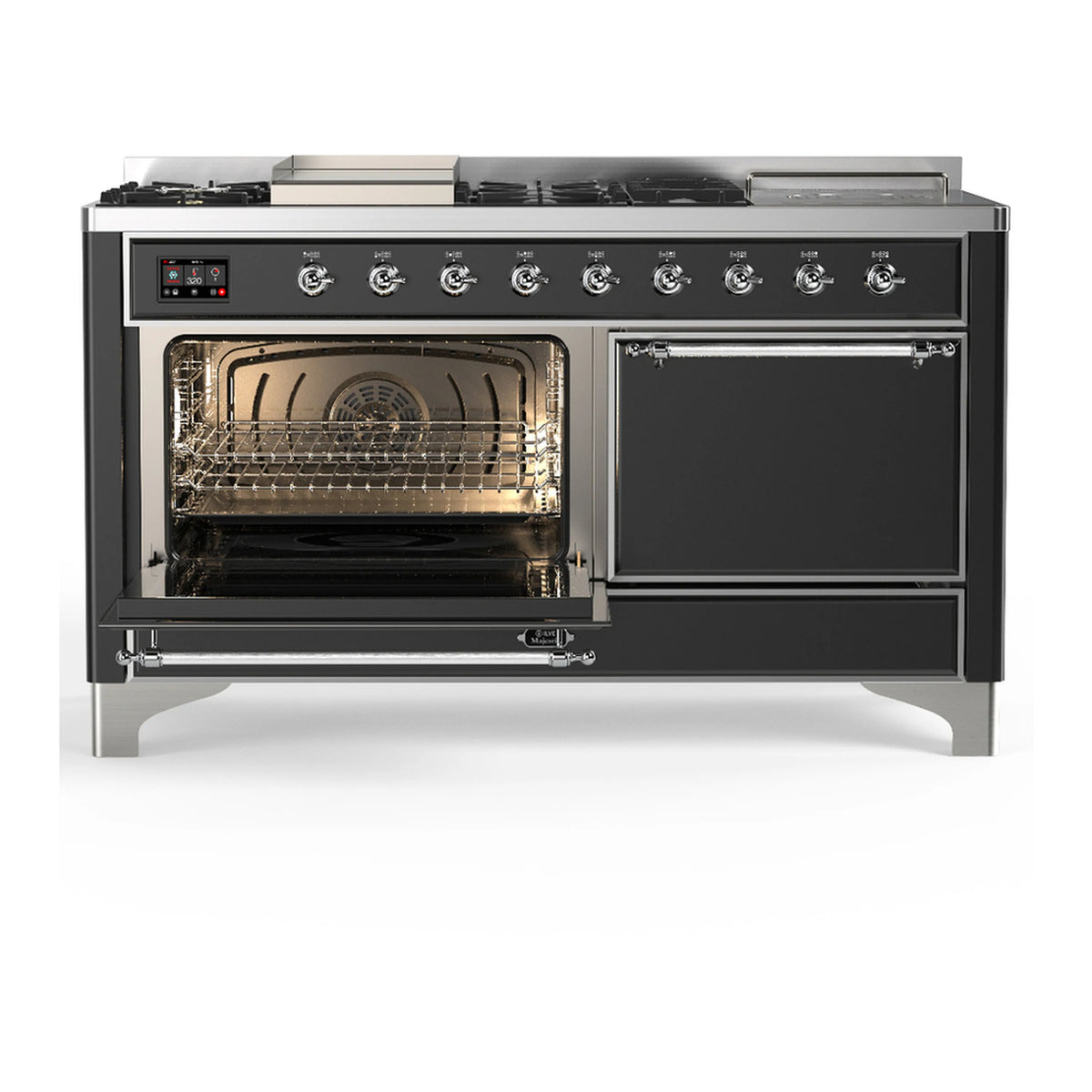 Graphite matte range front with one oven door open and second door closed.