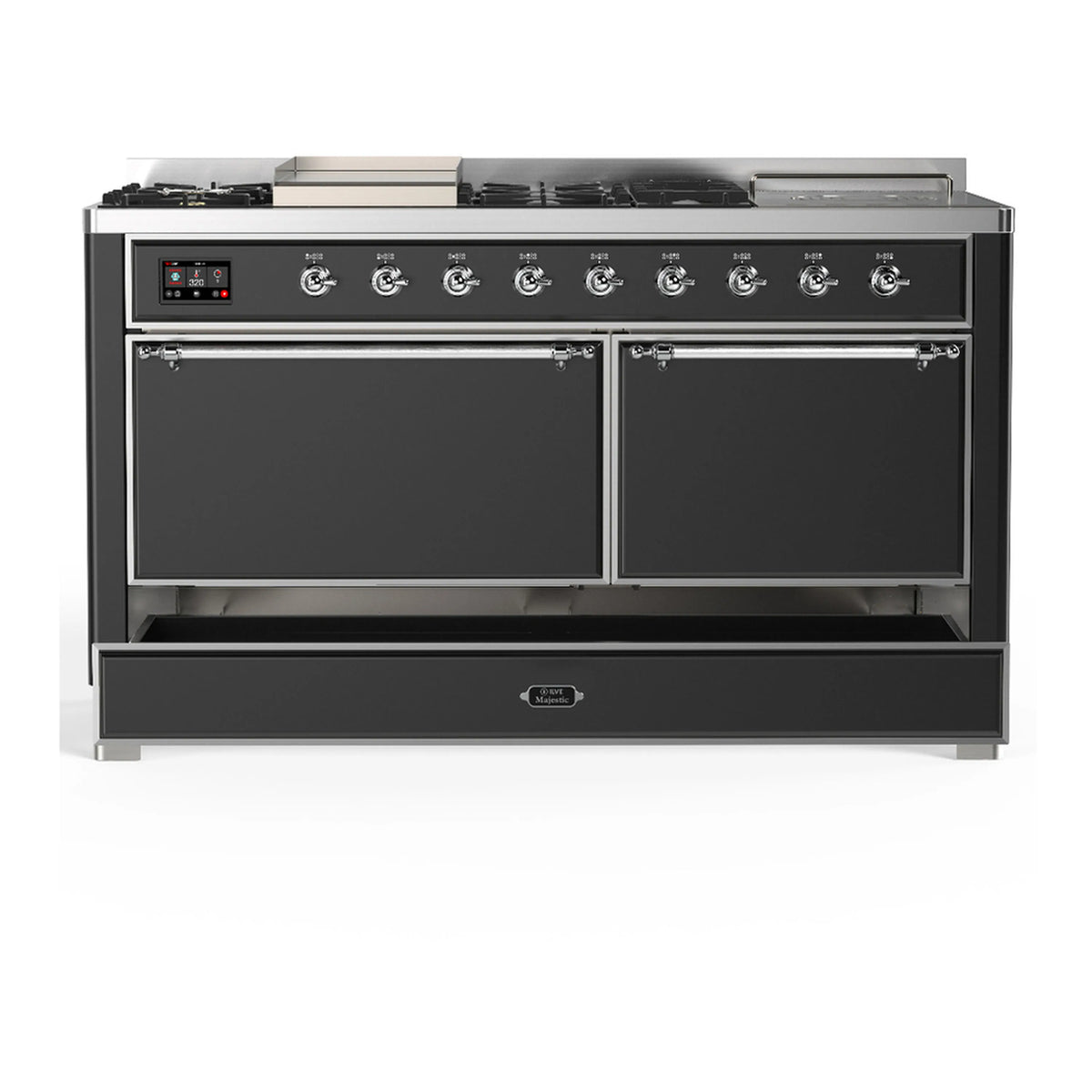 Graphite matte dual fuel range front view with two closed oven doors and storage drawer.