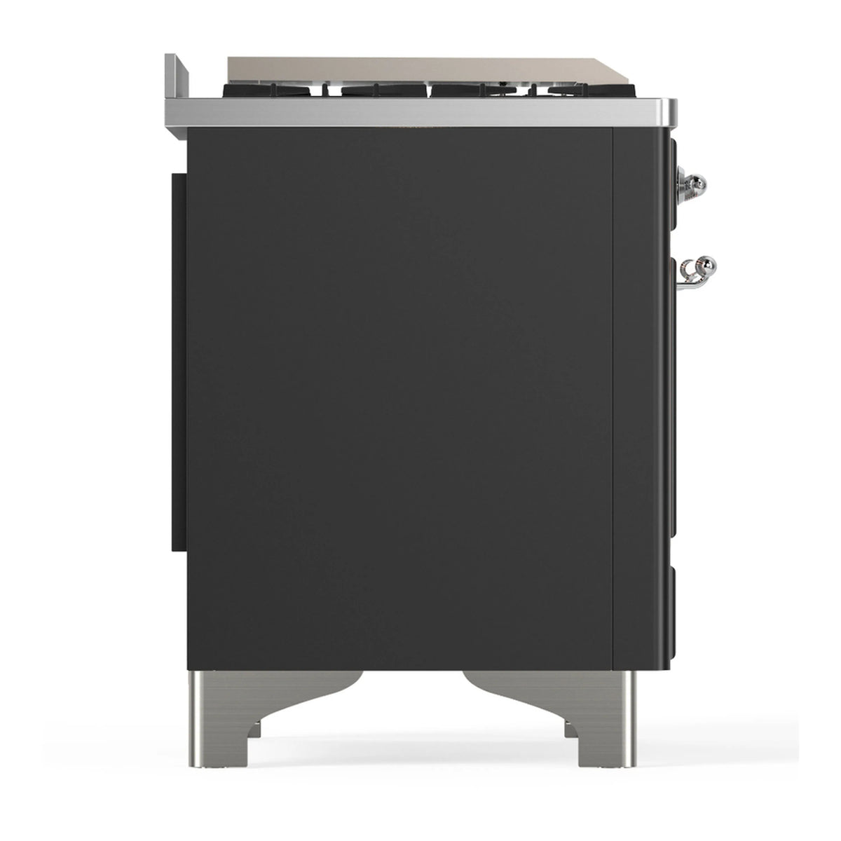 Graphite matte dual fuel range rear-side view with chrome base legs and side handles.