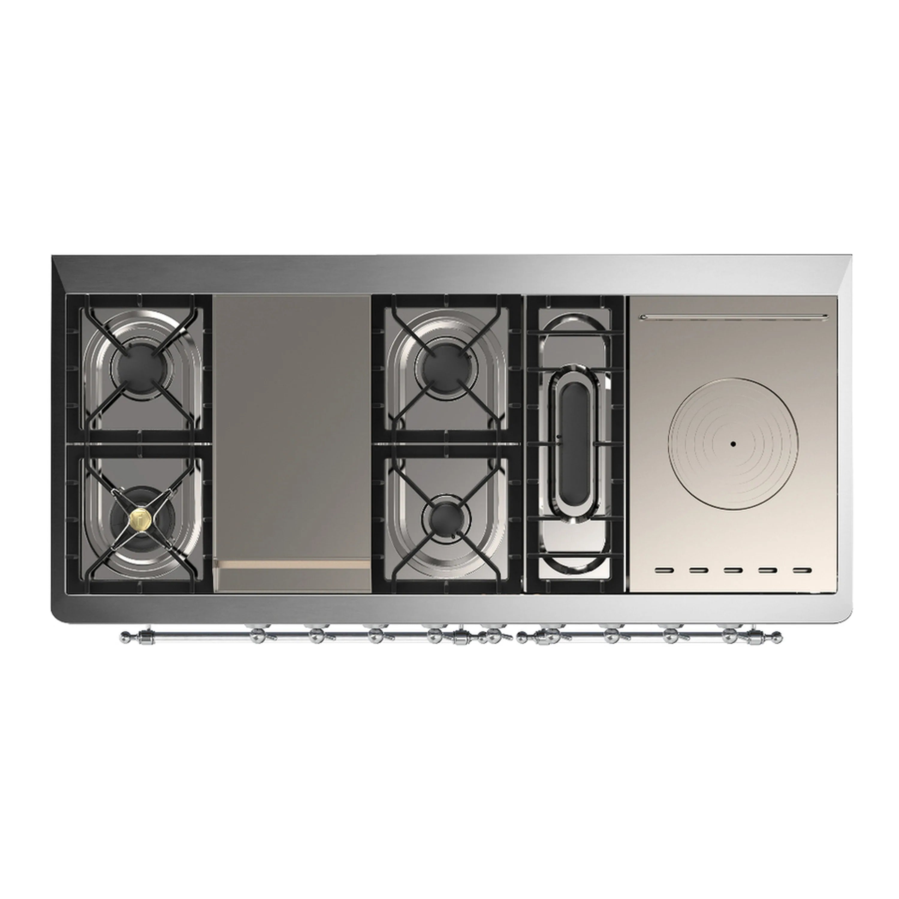 Graphite matte range underside view with two burners, igniter ports, and rear circular cutout.
