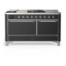 ILVE Majestic III 60-inch Dual Fuel Range with 7 Natural Gas Burner, Griddle, French Top and Solid Door Electric Oven in Graphite Matte with Chrome Trim (UM60FSQNR3MGC)