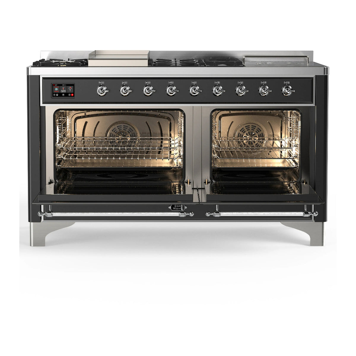 Graphite matte dual fuel range with both oven doors open and chrome racks