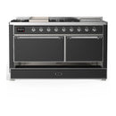 ILVE Majestic III 60-inch Dual Fuel Range with 7 Natural Gas Burner, Griddle, French Top and Solid Door Electric Oven in Graphite Matte with Chrome Trim (UM60FSQNR3MGC)