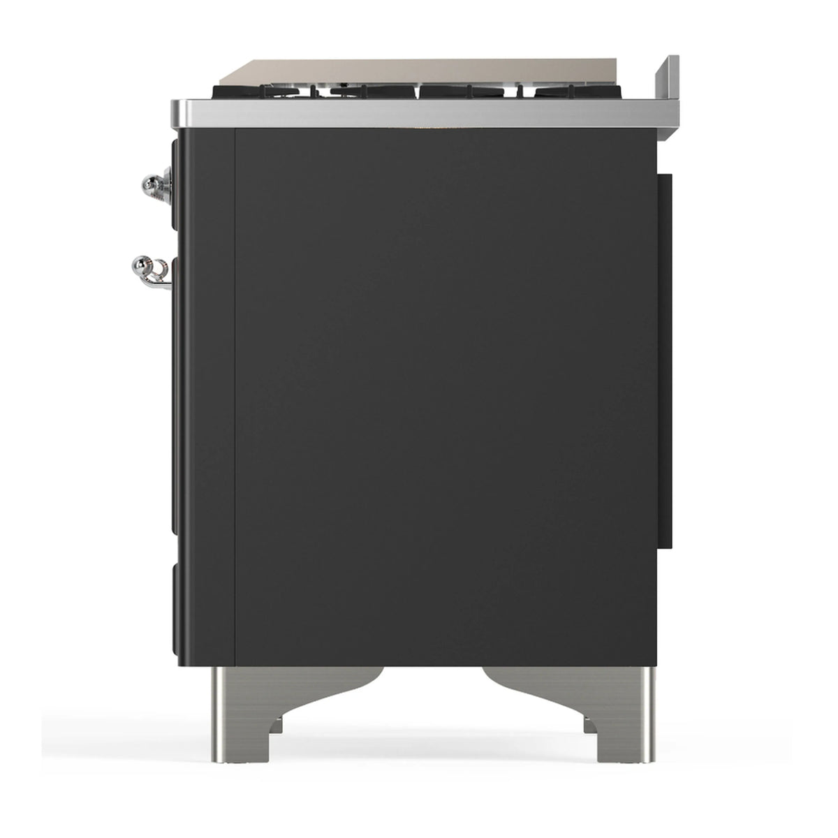 Graphite matte rear side of dual fuel range with chrome corner trim
