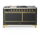 ILVE Majestic III 60-inch Dual Fuel Range with 5 Liquid Propane Burner, Griddle, French Top and Solid Door Electric Oven in Graphite Matte with Brass Trim (UM60FSQNR3MGGLP)