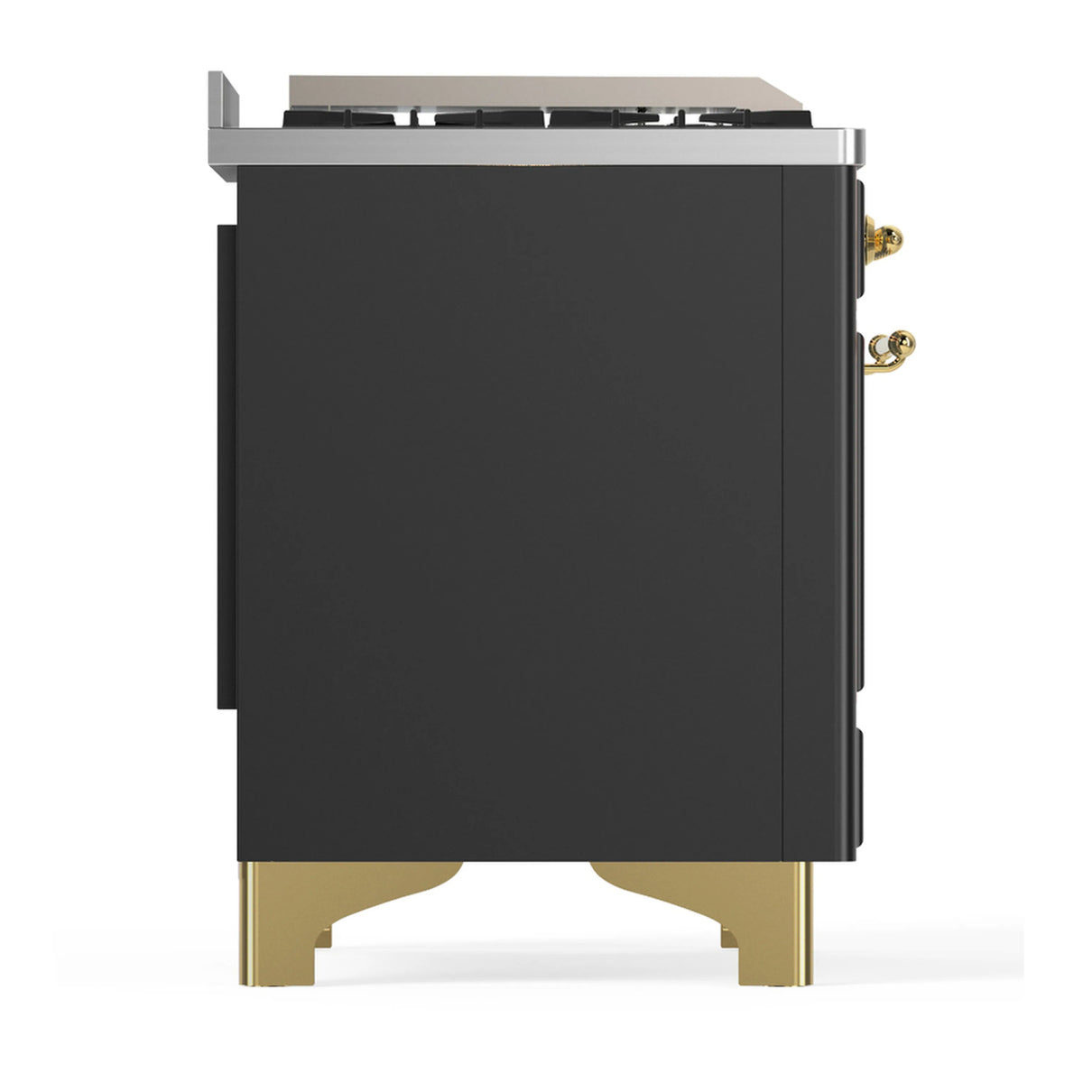 Graphite dual fuel range side view with brass-trimmed legs and closed oven door