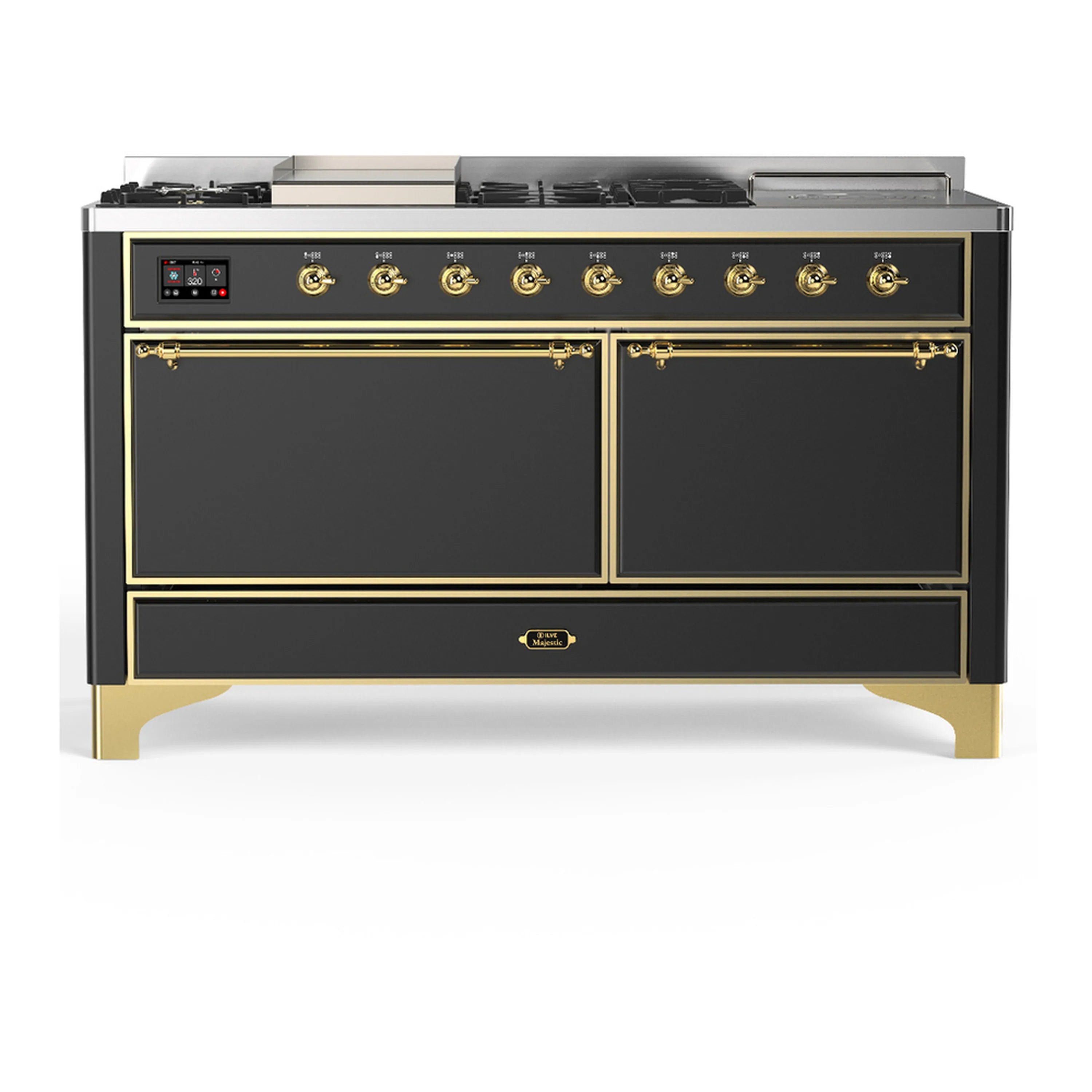 Graphite matte dual fuel range with brass-trimmed double oven doors