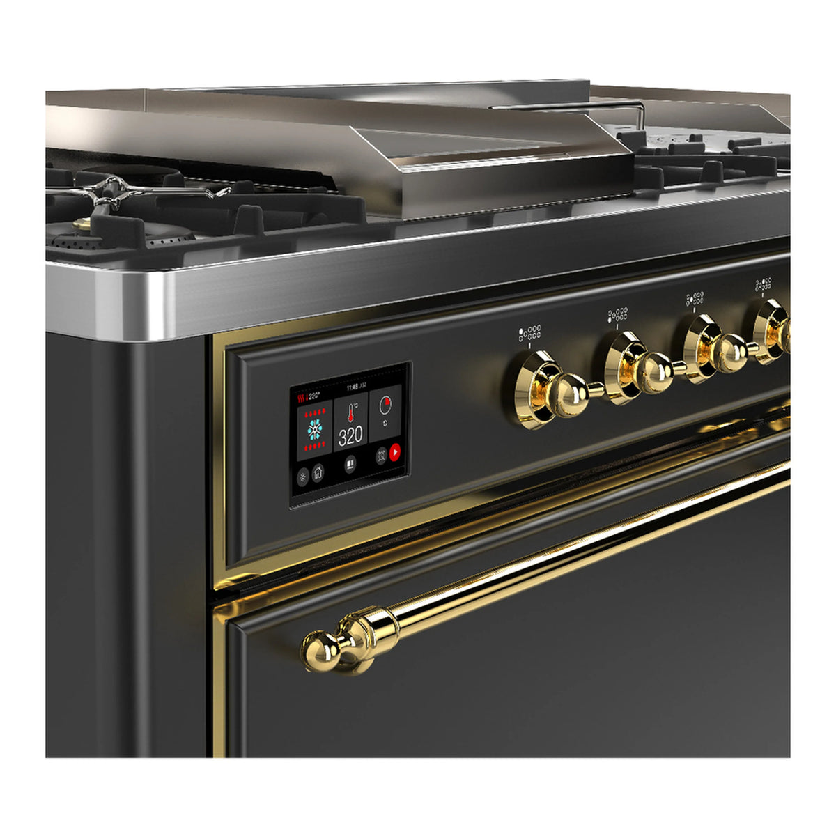 Graphite matte dual fuel range control panel with brass knobs and digital display