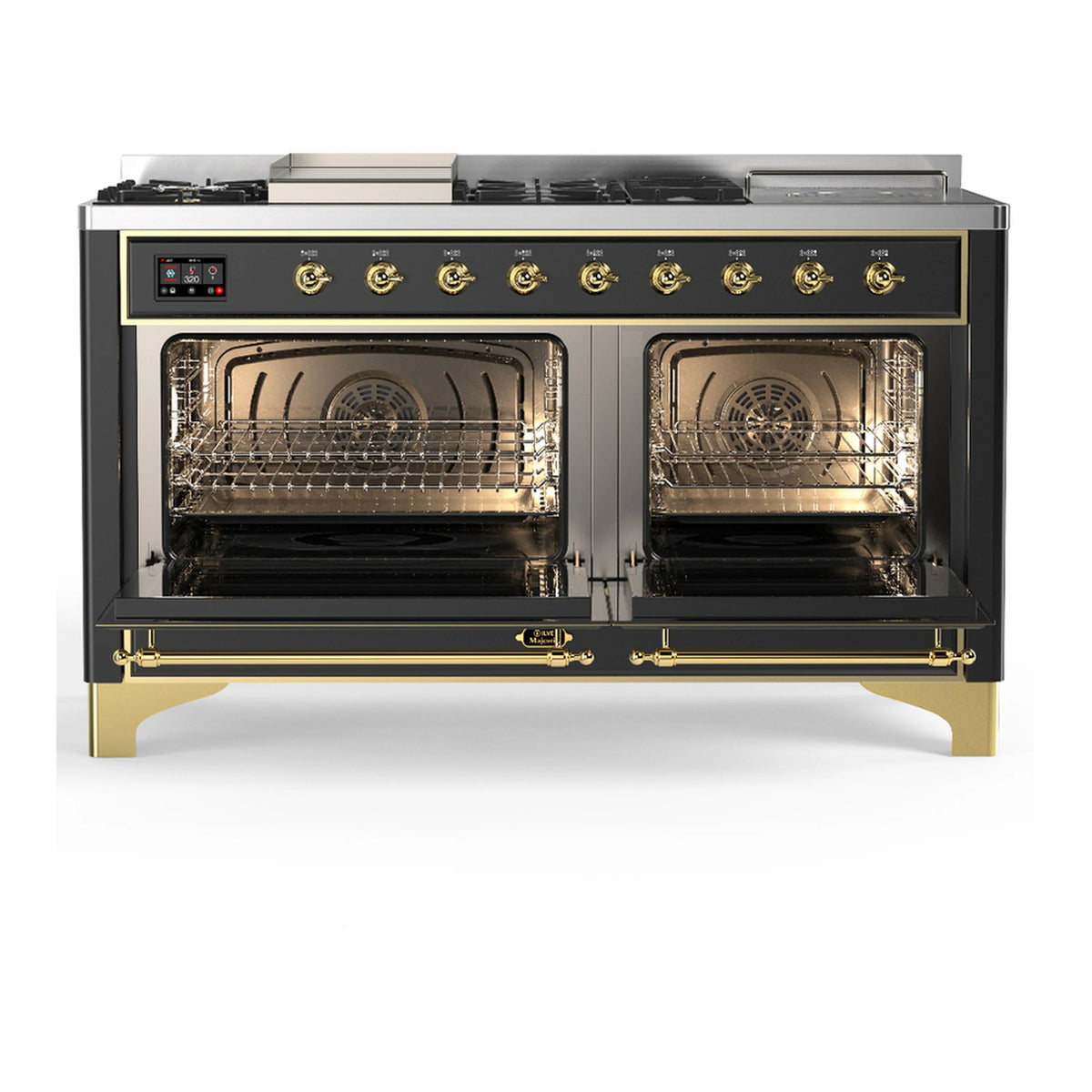Graphite matte dual fuel range with open ovens showing metal racks and interior fan