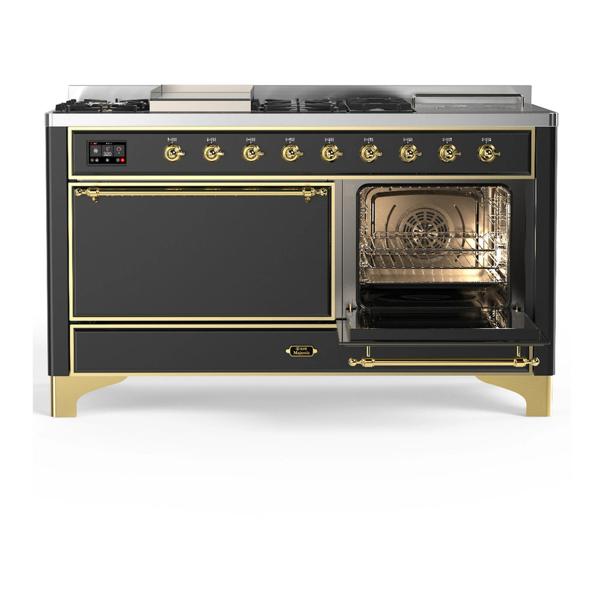 Graphite matte dual fuel range with one open oven and one closed door, brass trim